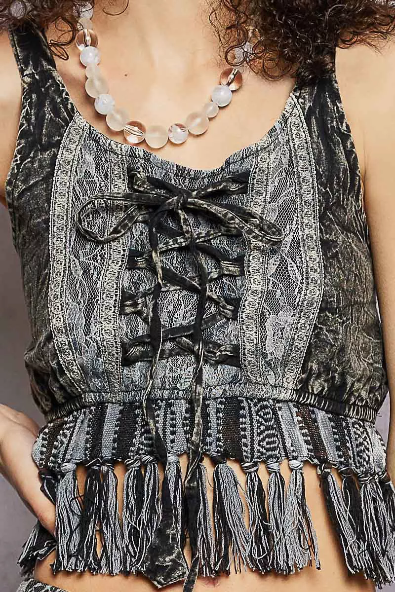 Lace-Up Fringe Hem Tank with Lace Detail, image 6