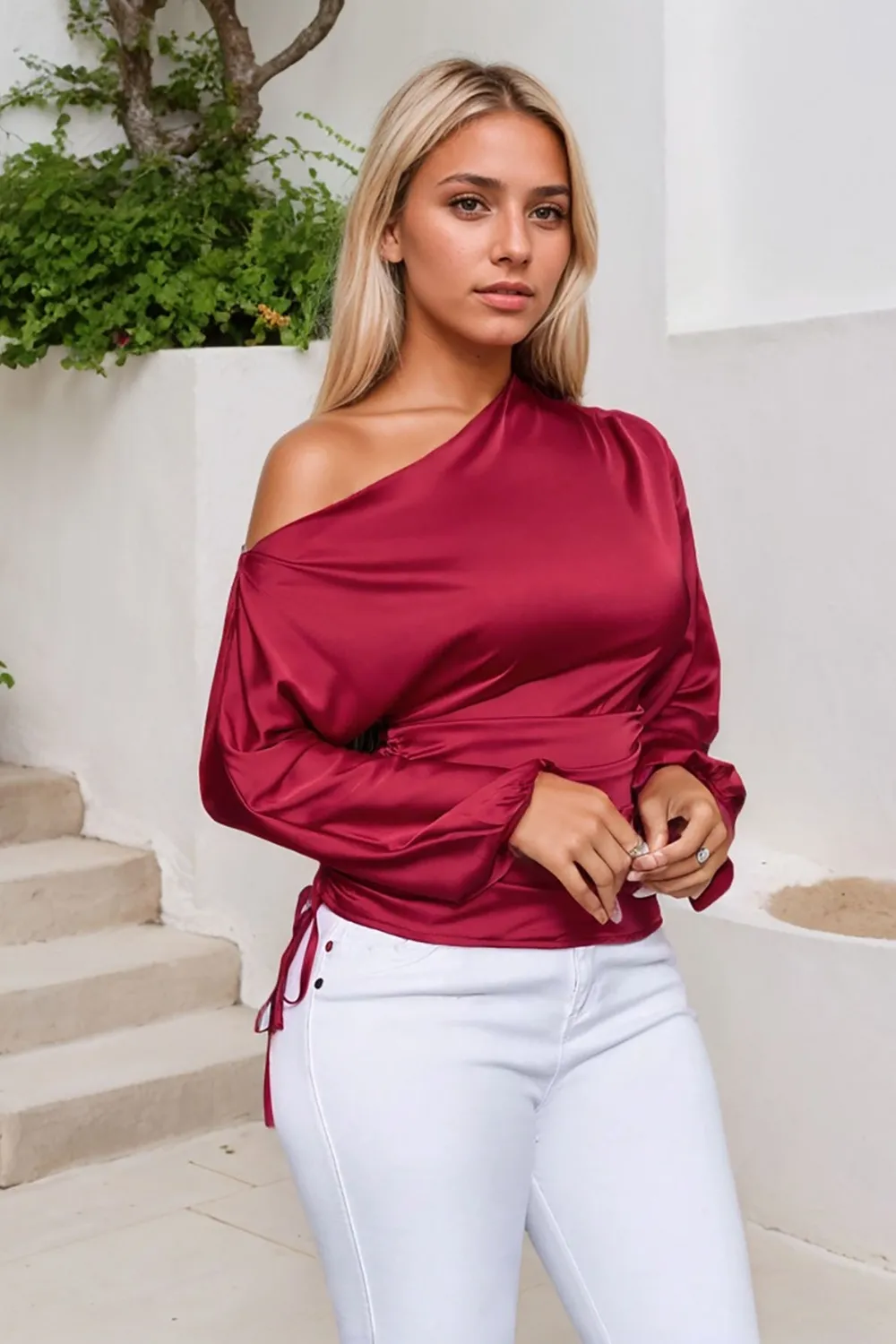 Drawstring One Shoulder Long Sleeve Blouse, image 8