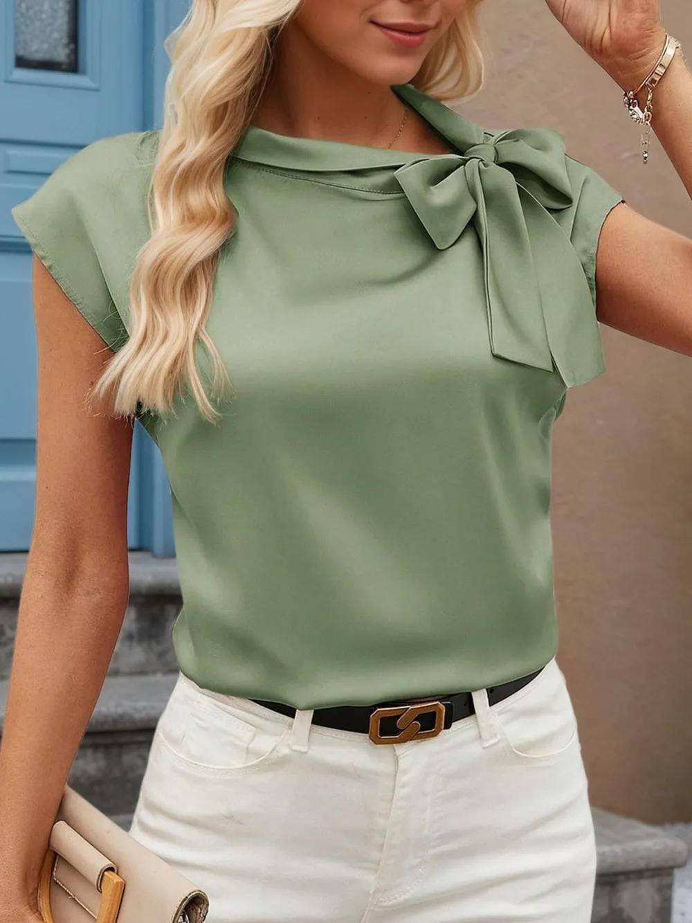 Bow Tie Cap Sleeve Blouse, image 14