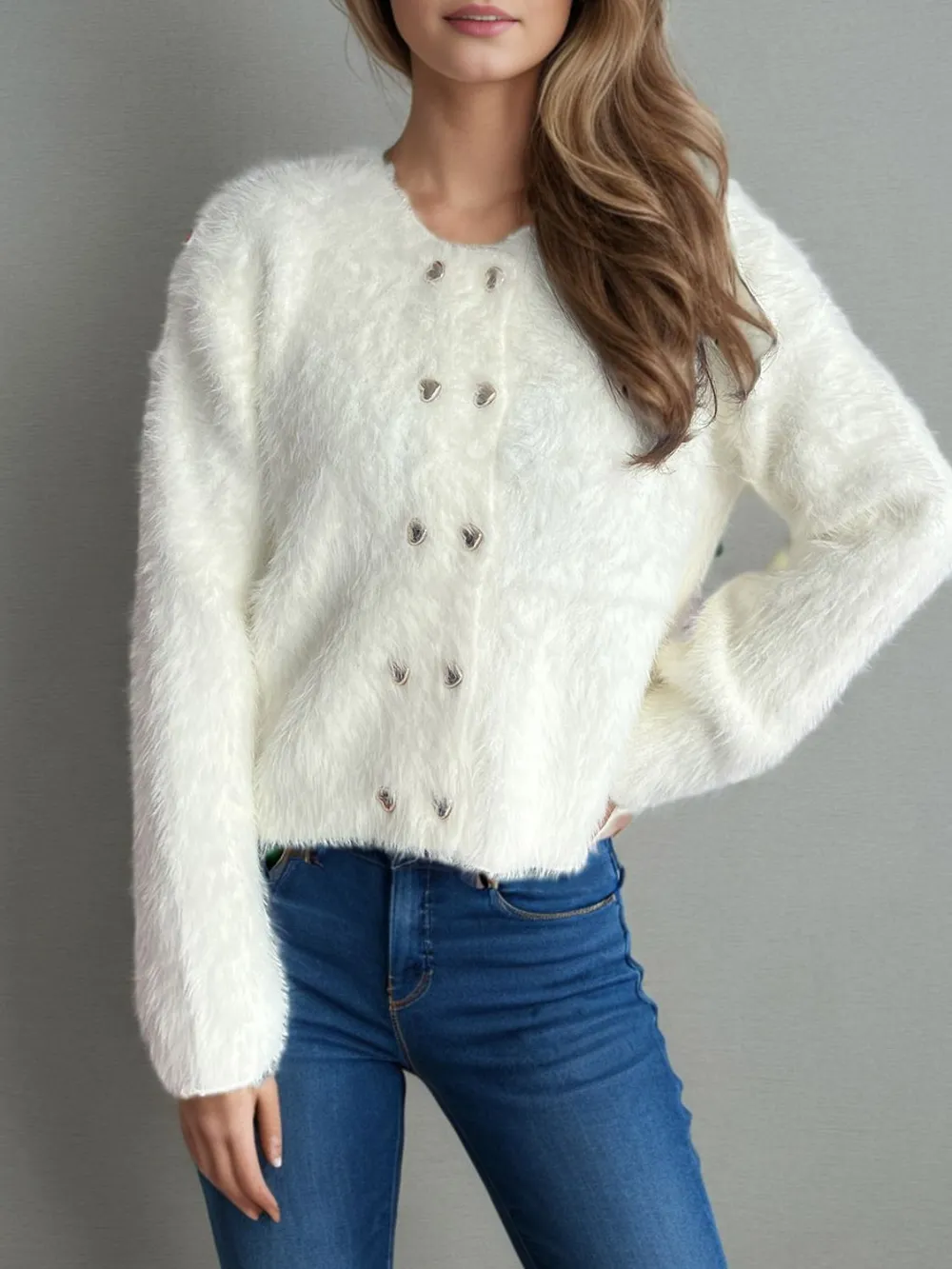 Heart Button Round Neck Cardigan, image 2