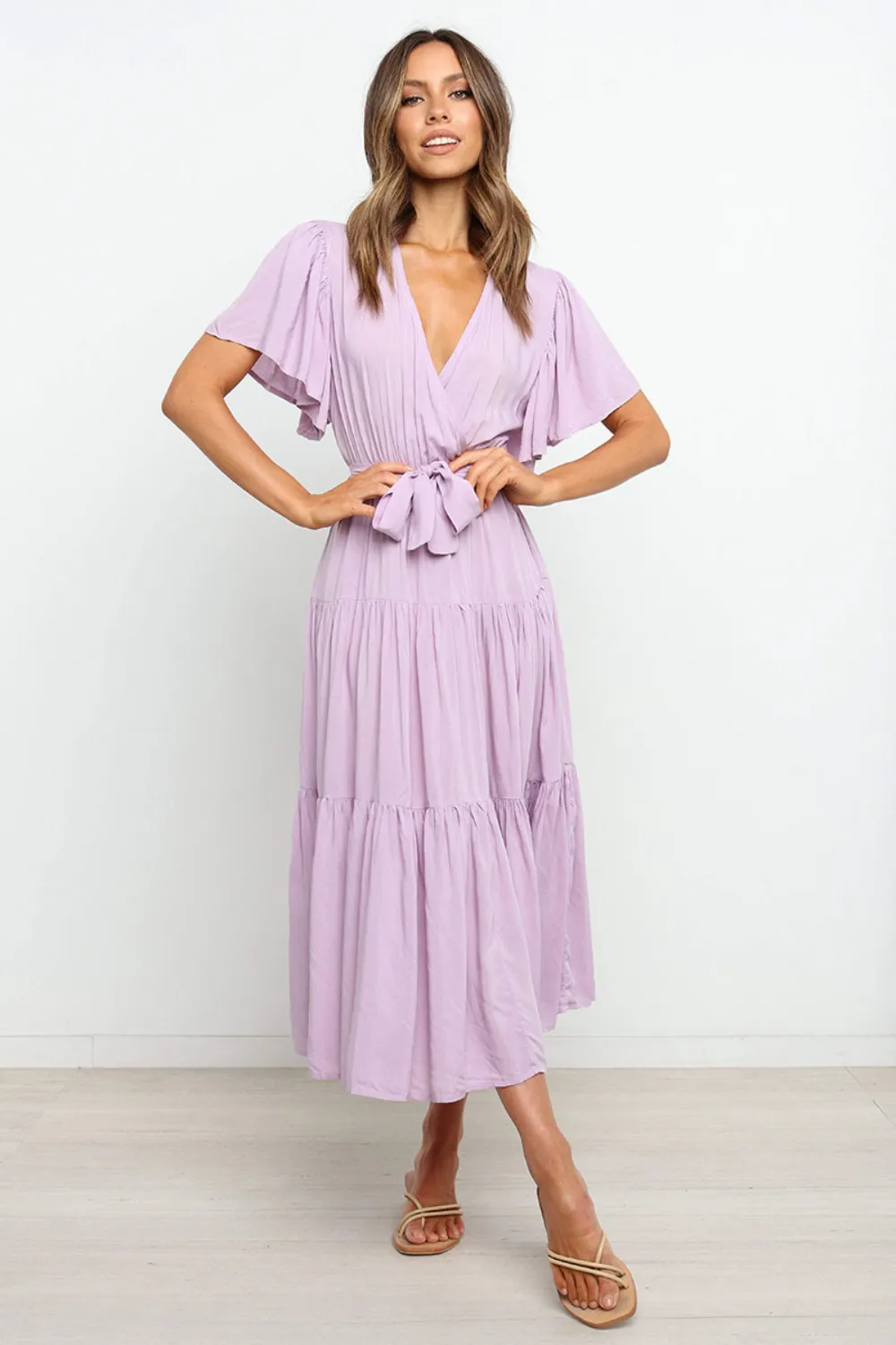 Tied Back Tiered Short Sleeve Midi Dress, image 3