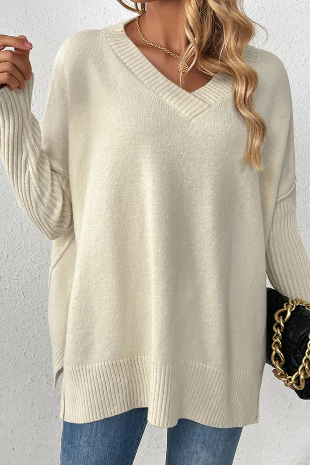 Slit V-Neck Dropped Shoulder Sweater, image 13