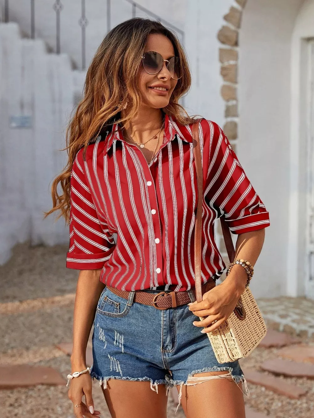 Striped Collared Neck Half Sleeve Shirt, image 6