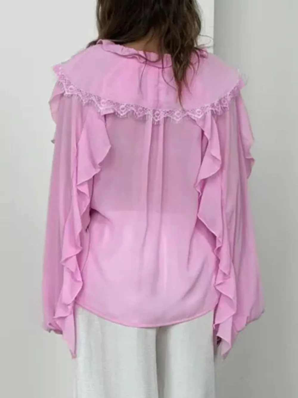 V-Neck Ruffled Lace Trim Blouse, image 14