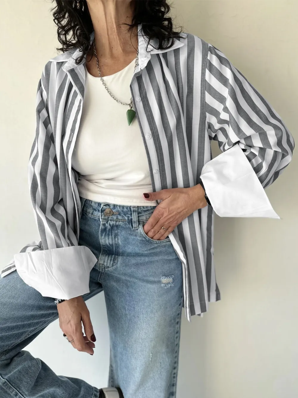 Striped Collared Neck Long Sleeve Shirt, image 3
