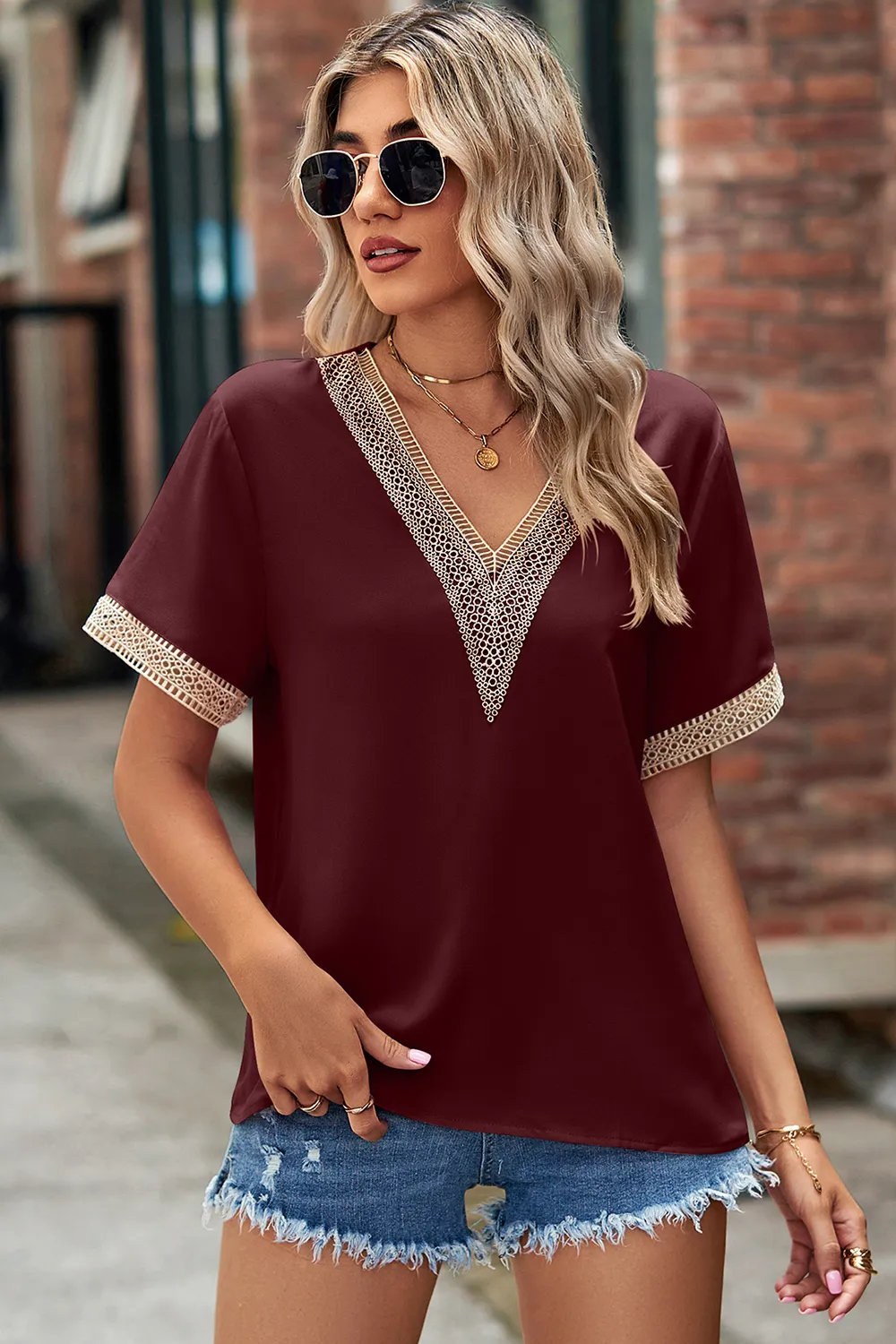 Openwork V-Neck Short Sleeve T-Shirt, image 4