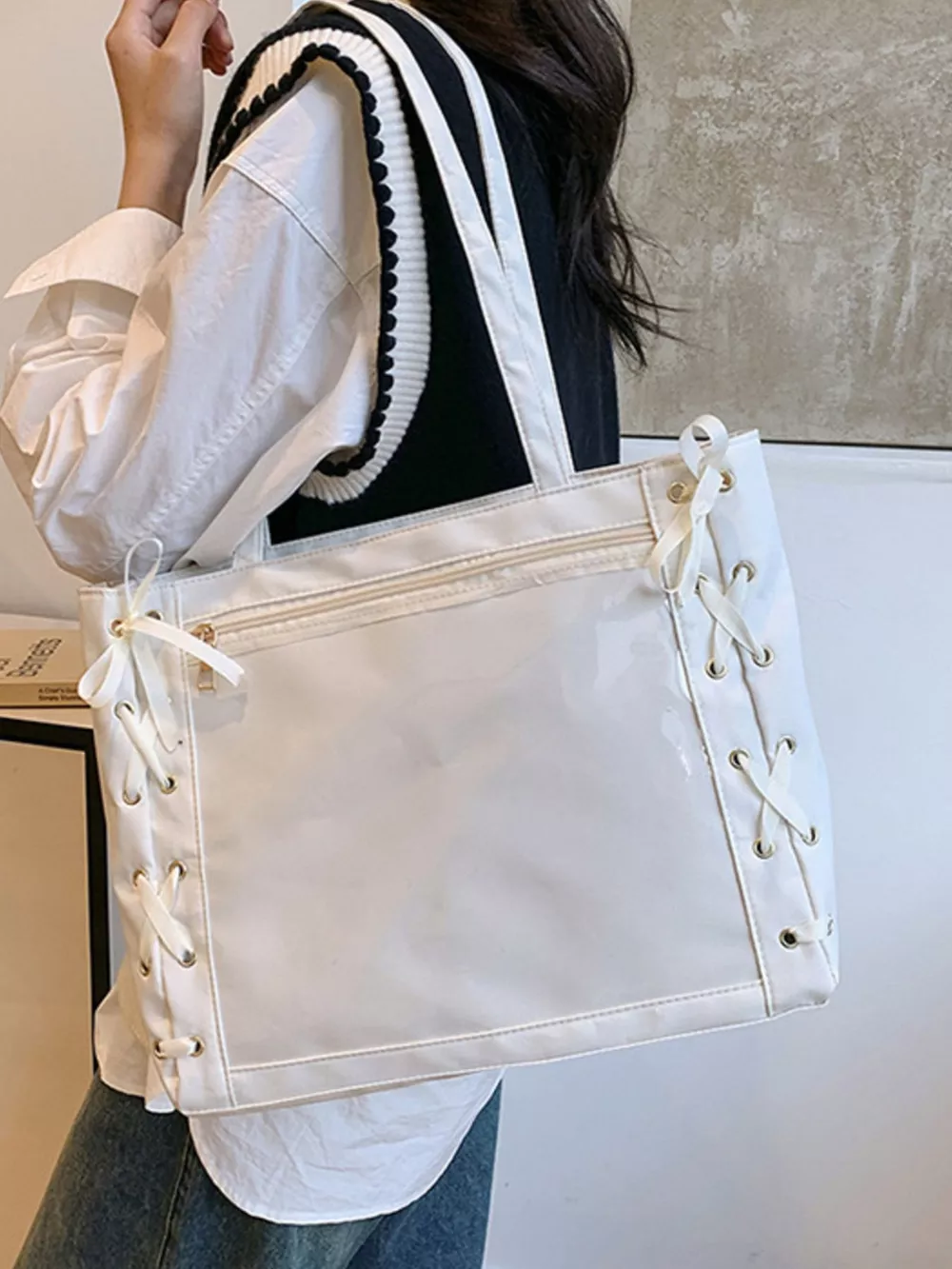 Lace-Up Trim Clear Panel Shoulder Bag, image 17