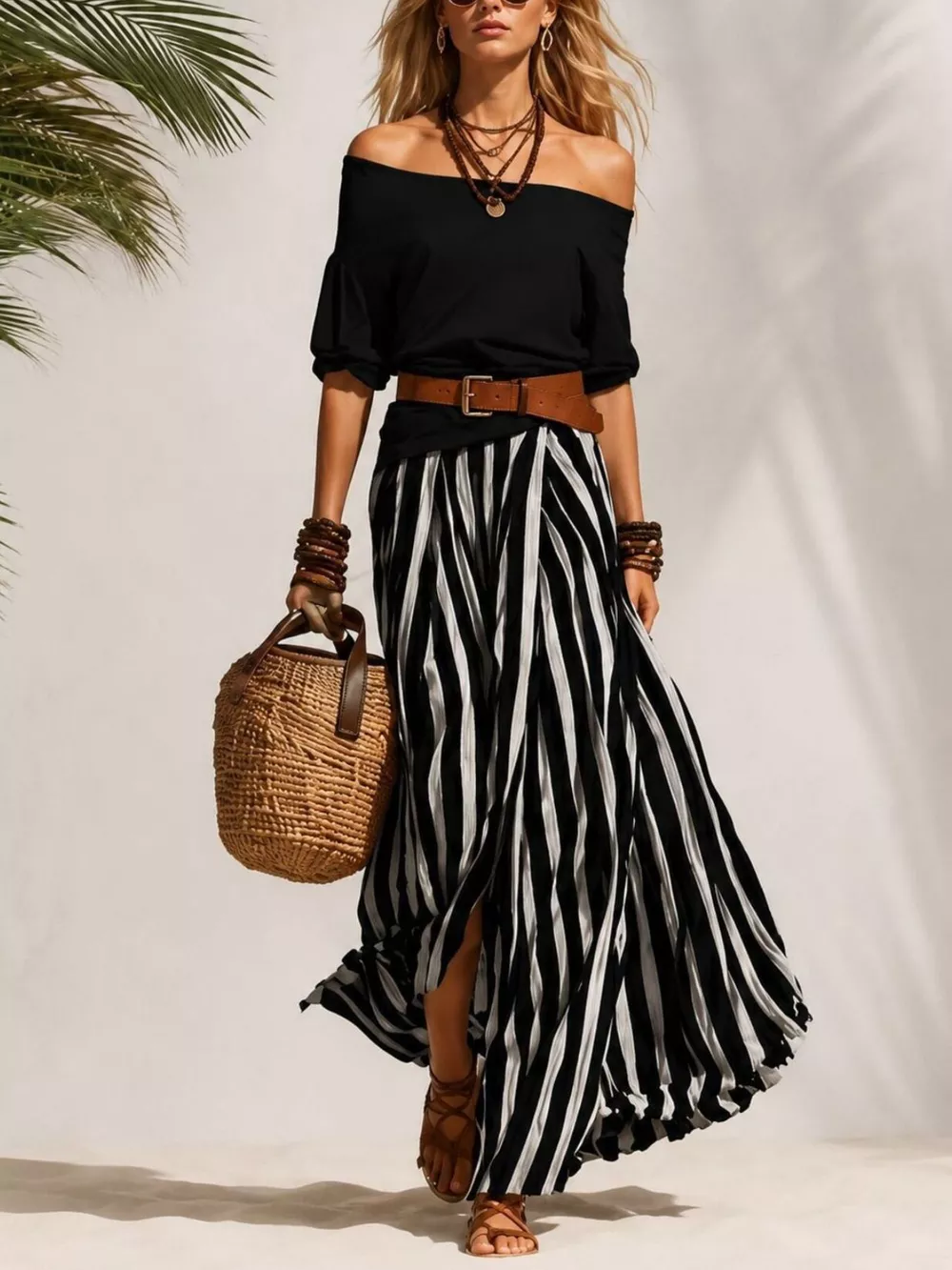 Off Shoulder Top and Striped Maxi Skirt Set