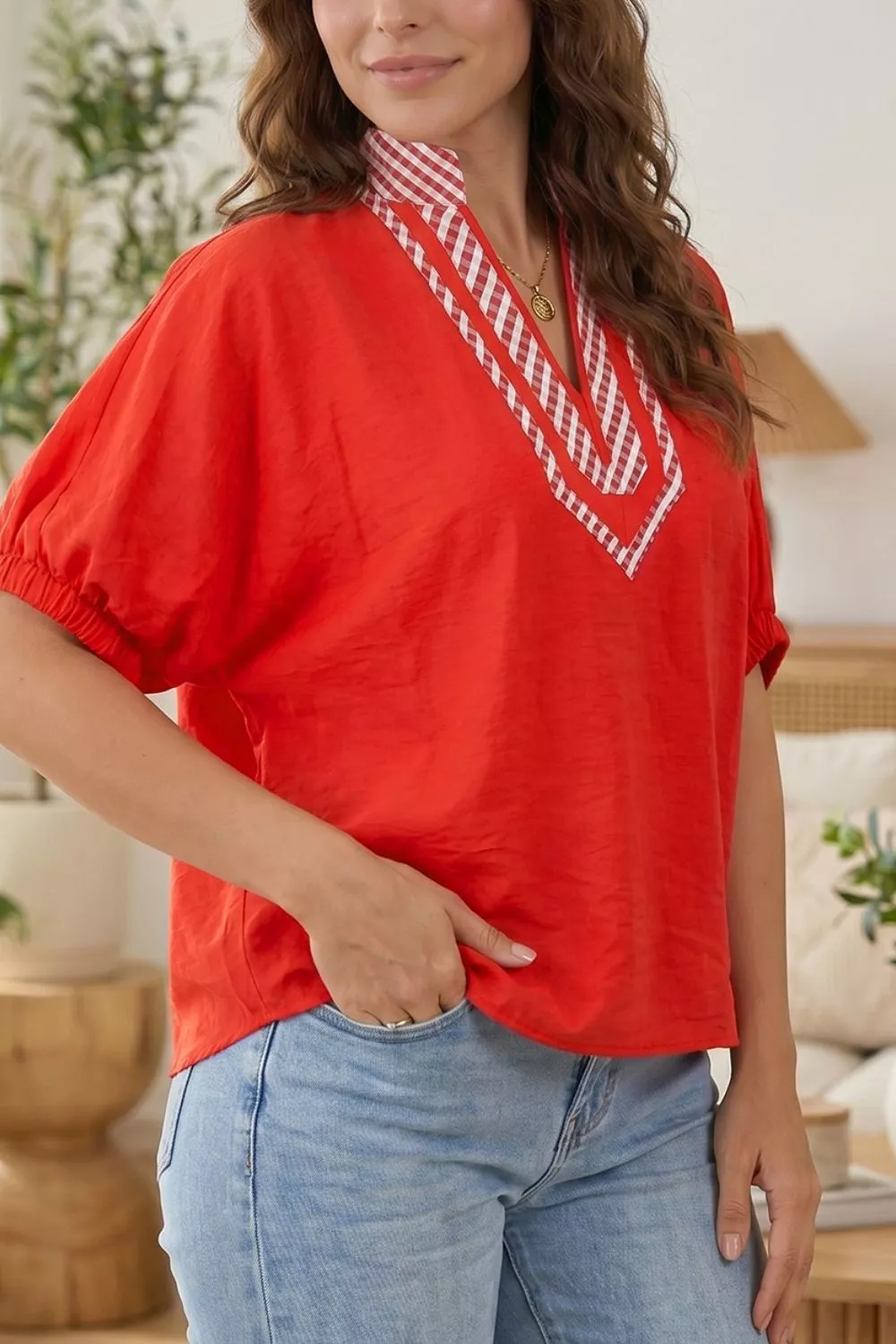 V Neck Plaid Collar Short Sleeve Tunic Blouse, image 2