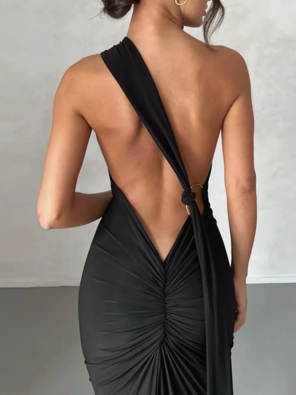 Backless One-Shoulder Ruched Bodycon Maxi Dress, image 12