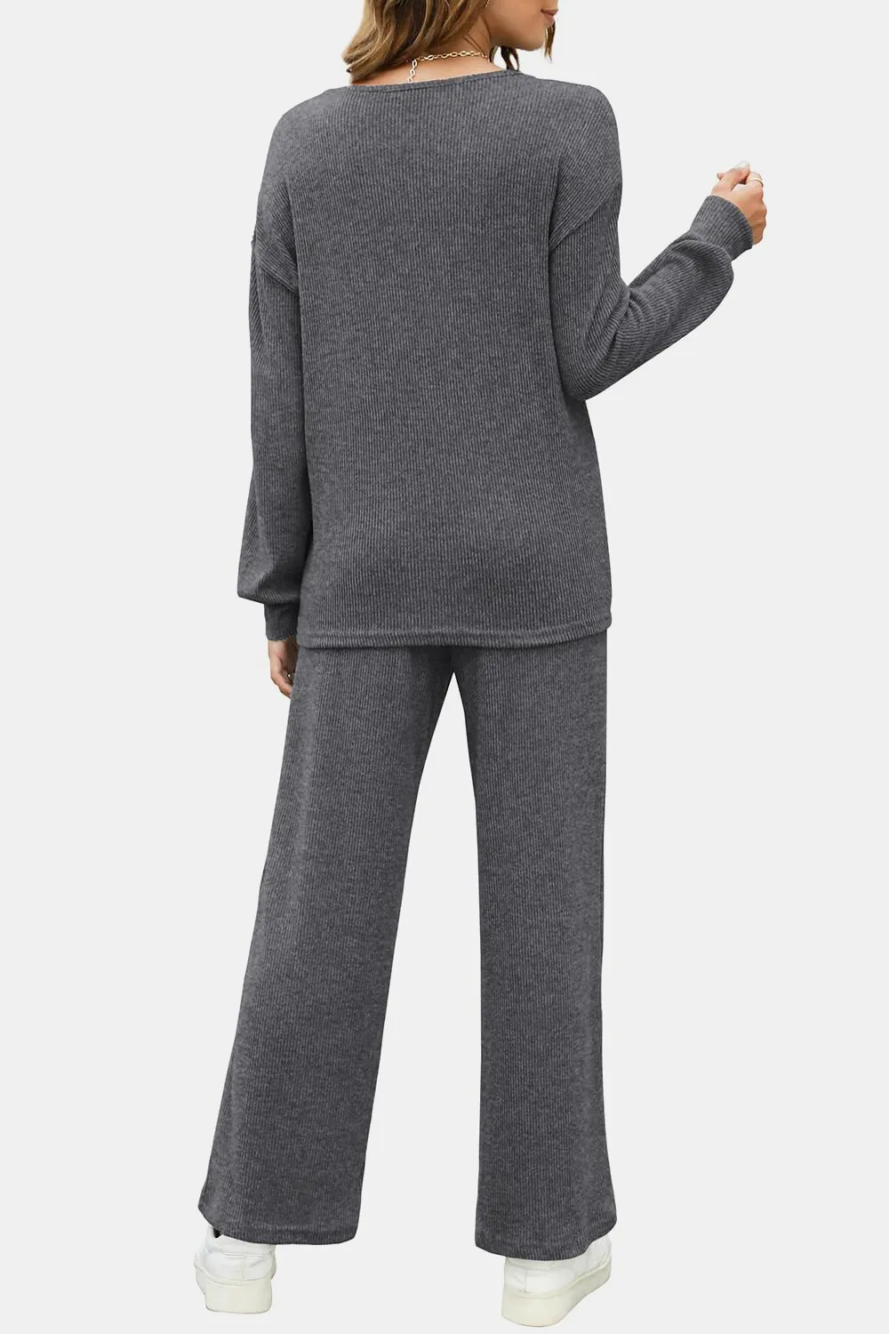 Round Neck Long Sleeve Top and Pants Set, image 2