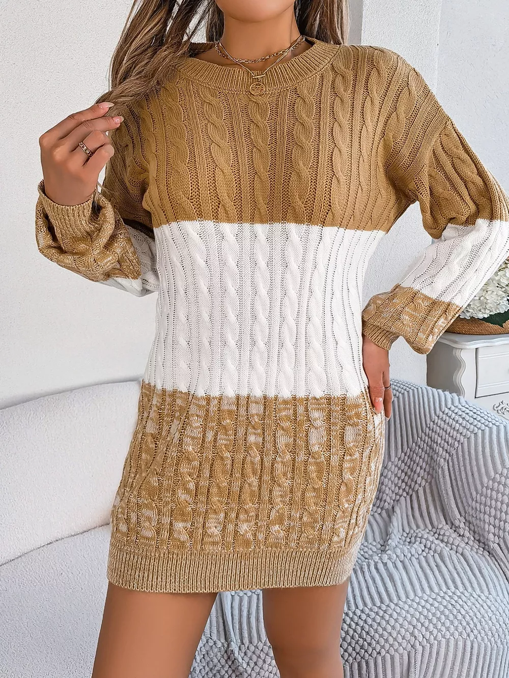 Color Block Cable Knit Sweater Dress with Textured Pattern, image 8