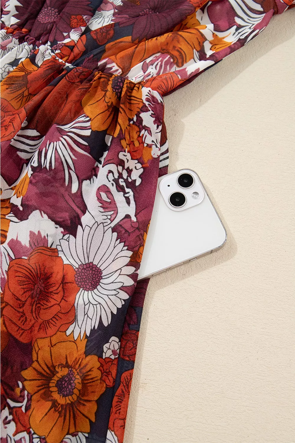 Floral Print Wrap V Neck Puff Sleeve Flowy Mini Dress, image 5