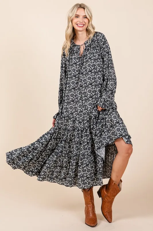 Printed Tie Neck Flounce Sleeve Midi Dress, image 2