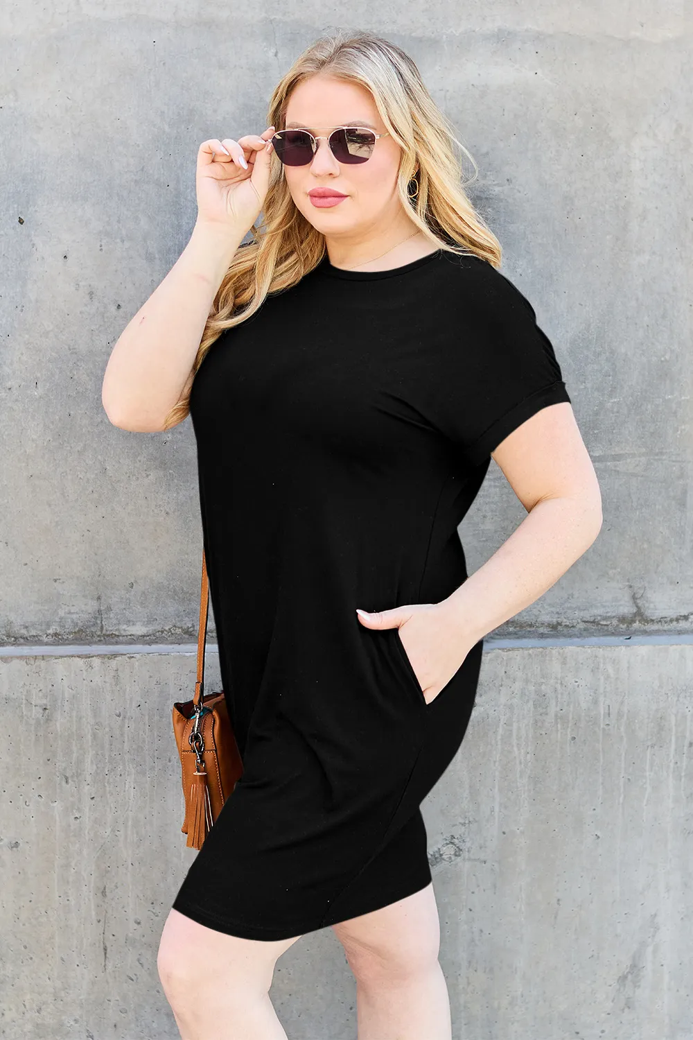 Bamboo Full Size Round Neck Short Sleeve Dress with Pockets, image 2