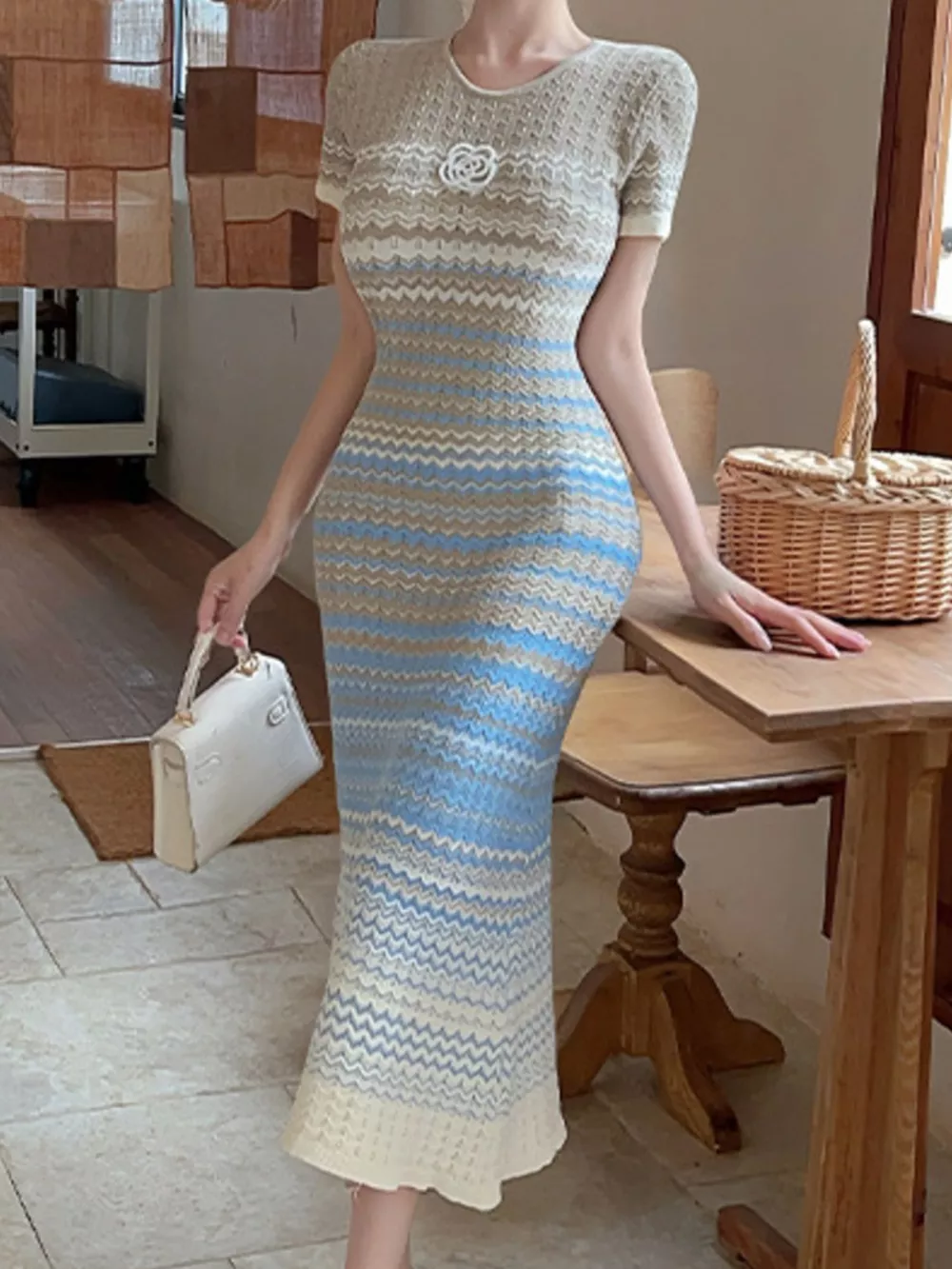 Gradient Knit Striped Short Sleeve Midi Dress, image 2