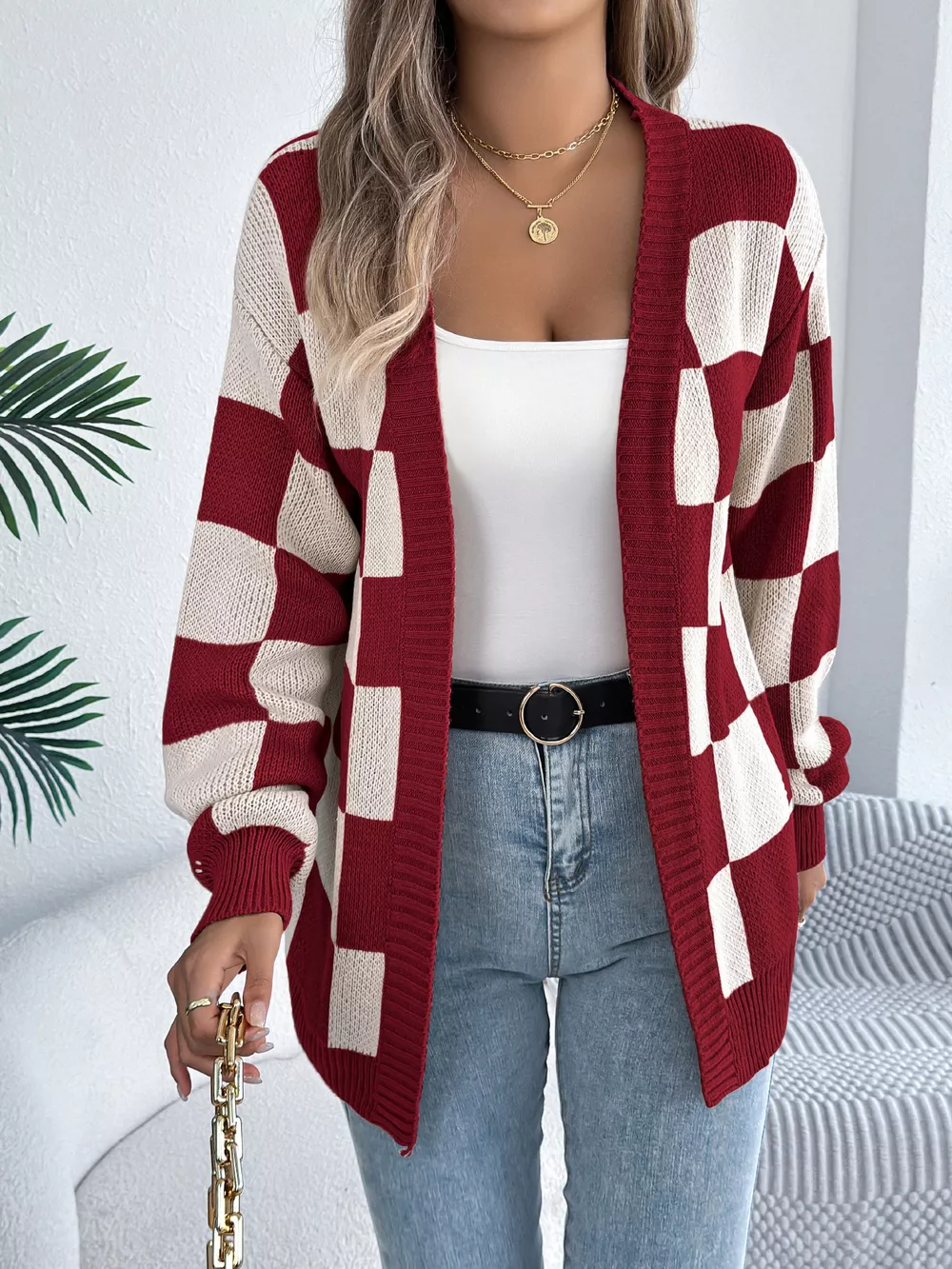 Checkered Pattern Open Front Cardigan, image 4