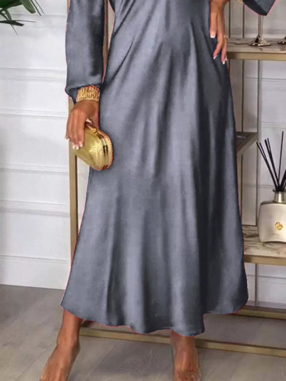 Full Size V-Neck Long Sleeve Midi Dress Plus Size, image 2