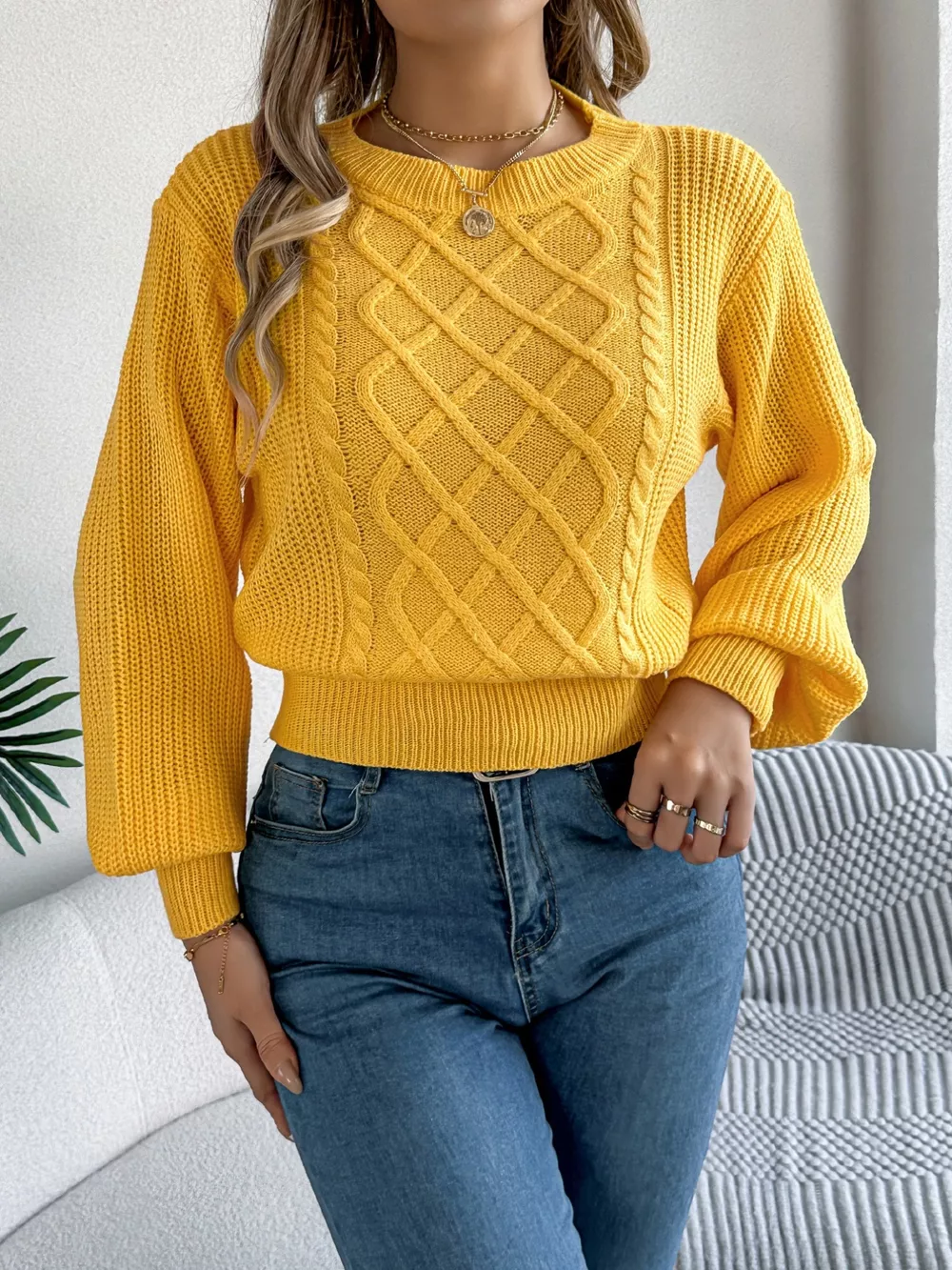 Cable Knit Diamond Pattern Long Sleeve Sweater, image 7