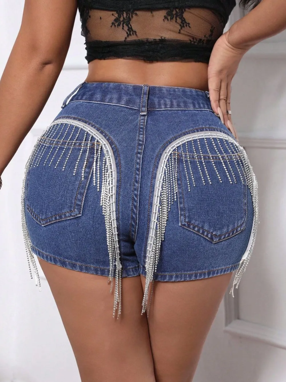 Fringe Back Denim Shorts with Pockets, image 2