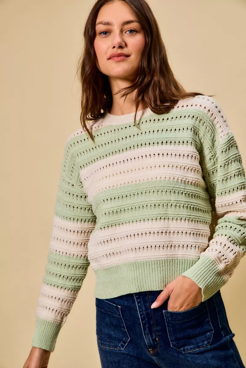 Openwork Round Neck Wide Stripe Textured Sweater, image 5
