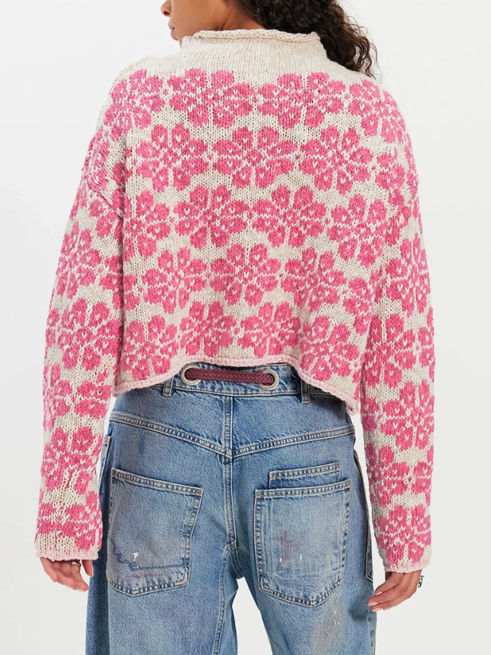 Floral Contrast Trim Dropped Shoulder Sweater, image 8