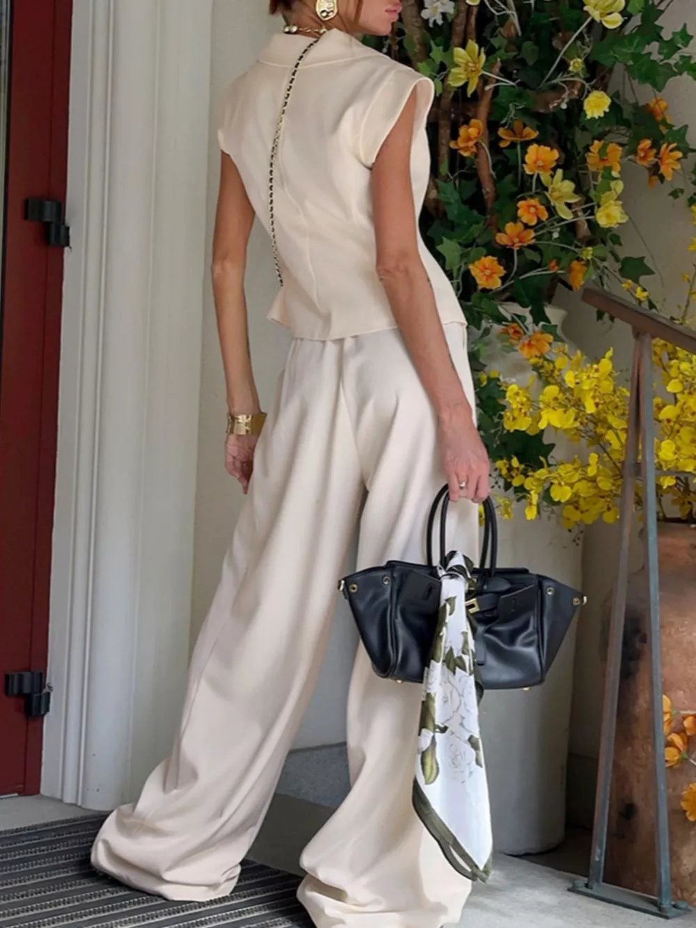 One Button Blazer & Wide Leg Pants Set, image 4