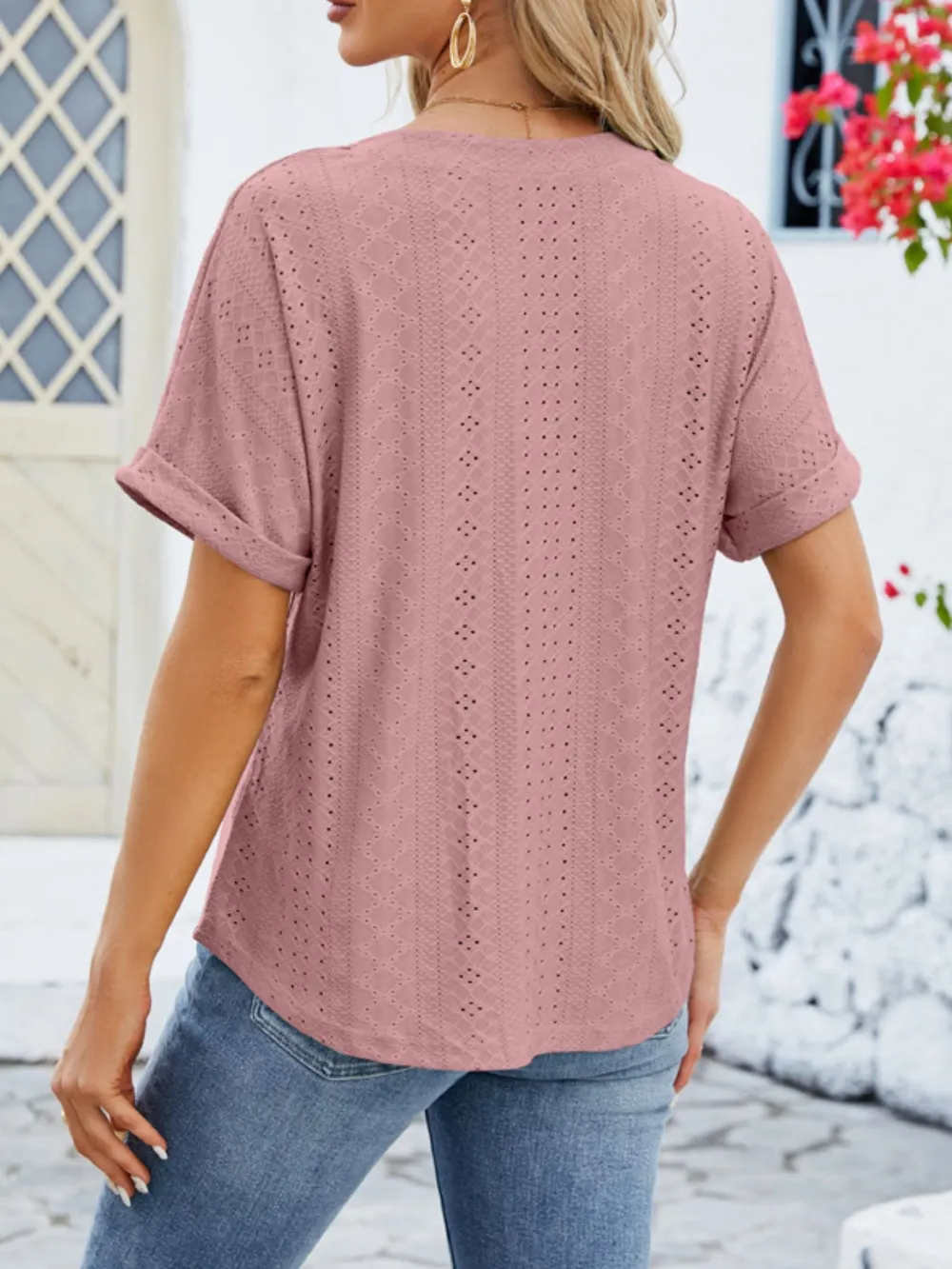 Eyelet Notched Short Sleeve Blouse, image 5