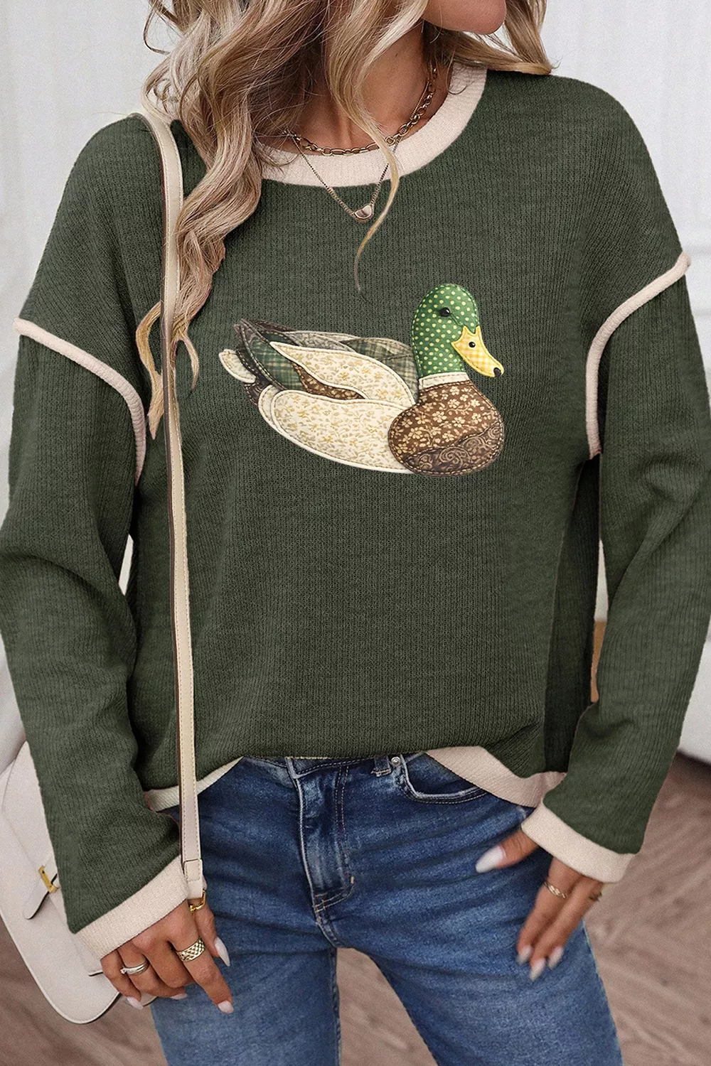 Duck Graphic Contrast Trim Patchwork Casual Knit Top, image 5