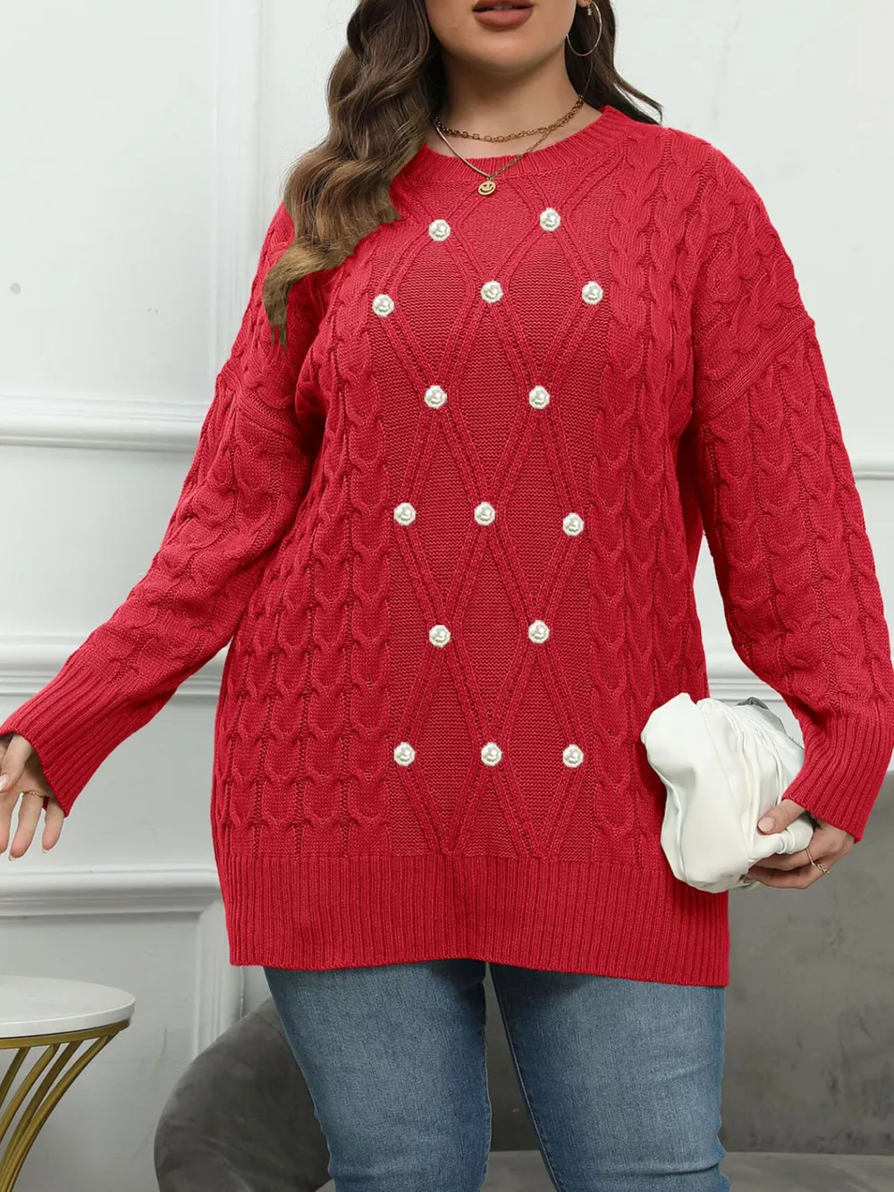 Plus Size Cable Knit Dropped Shoulder Sweater, image 4