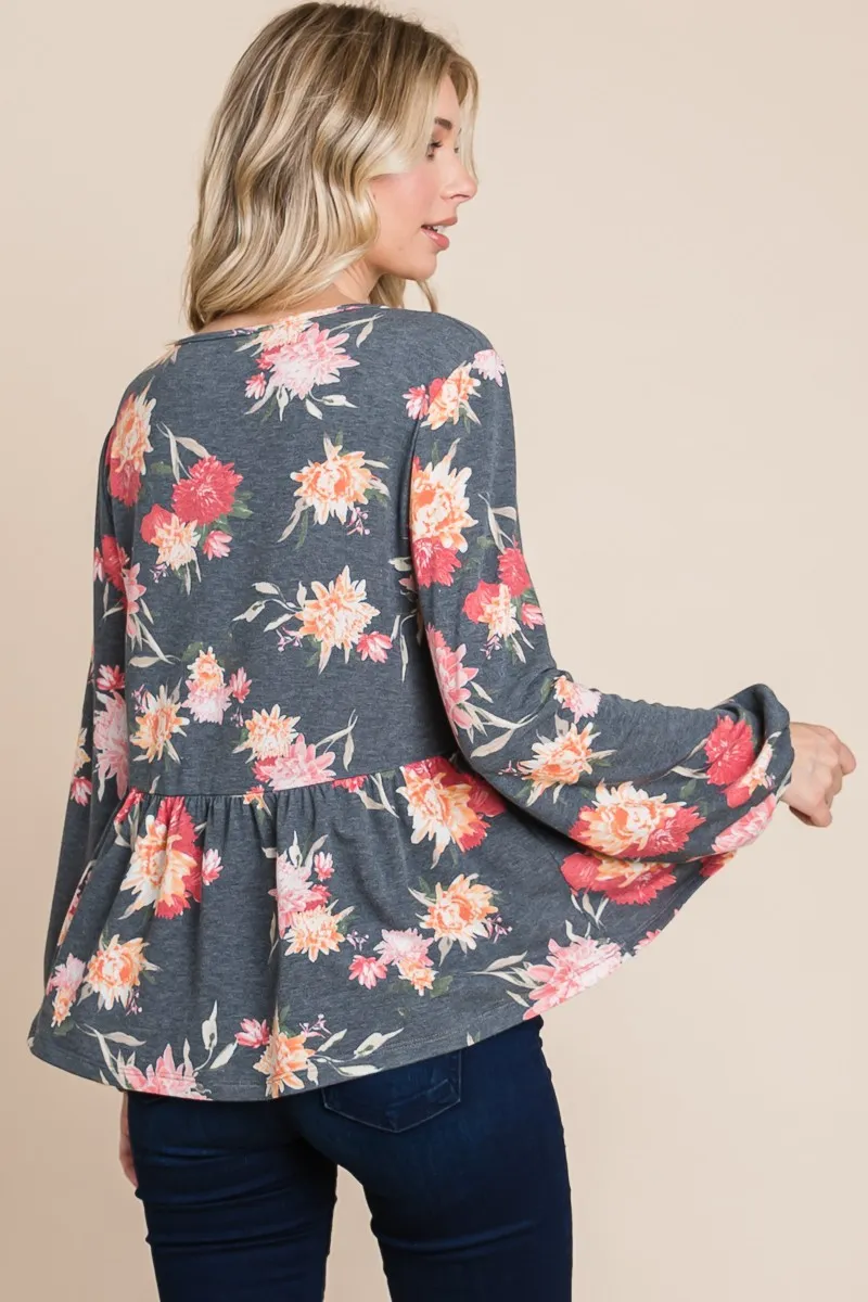 Full Size Babydoll Floral Long Sleeve Blouse, image 2