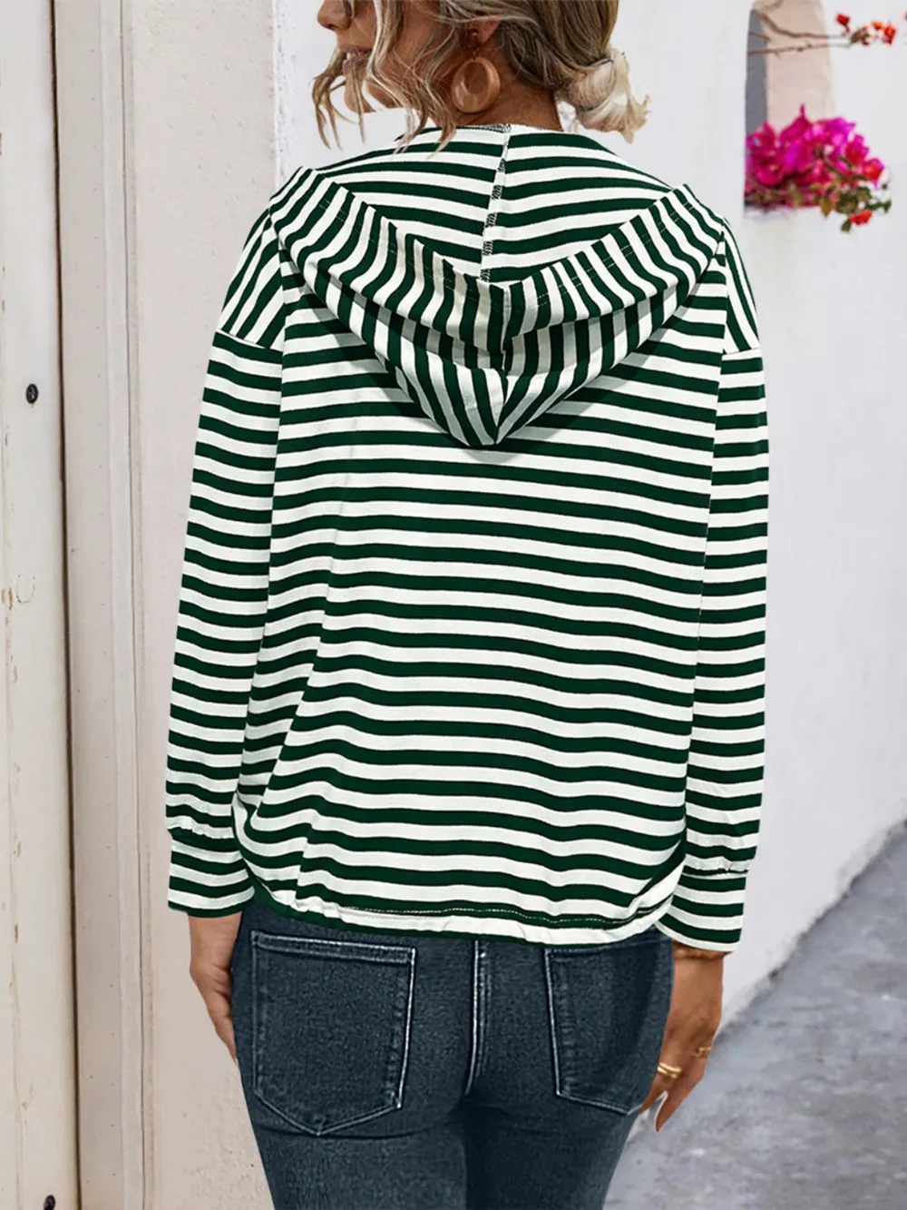 Drawstring Striped Long Sleeve Hoodie, image 4