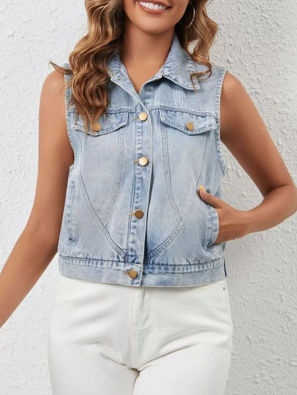 Sleeveless Button Up Denim Jacket, image 3