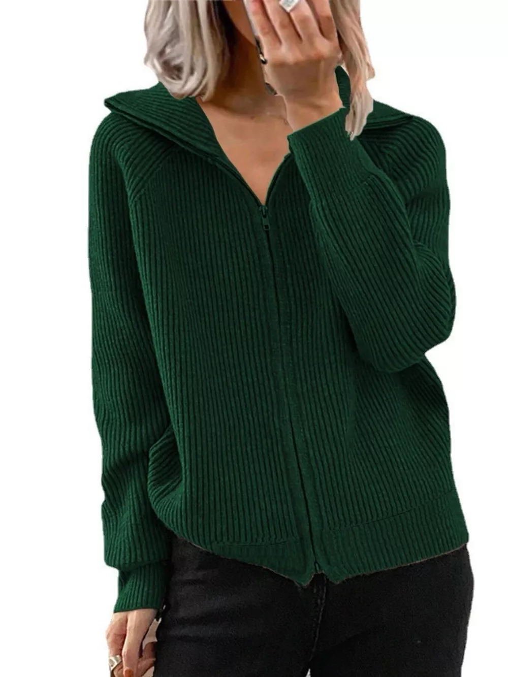Full Size Ribbed Knit Zip-Up Outerwear Plus Size, image 10