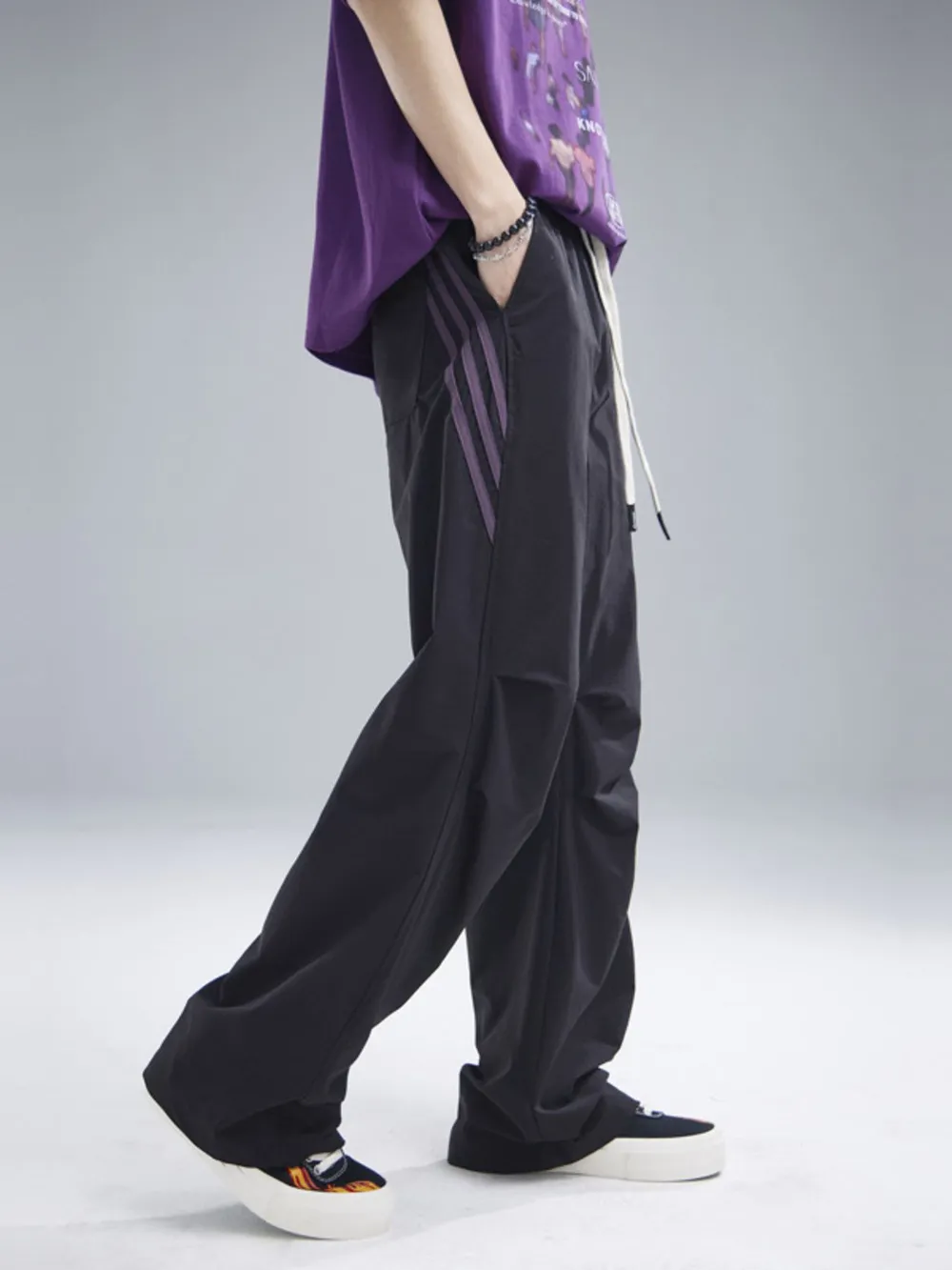 Men's Drawstring Ruched Pants with Side Stripes, image 6
