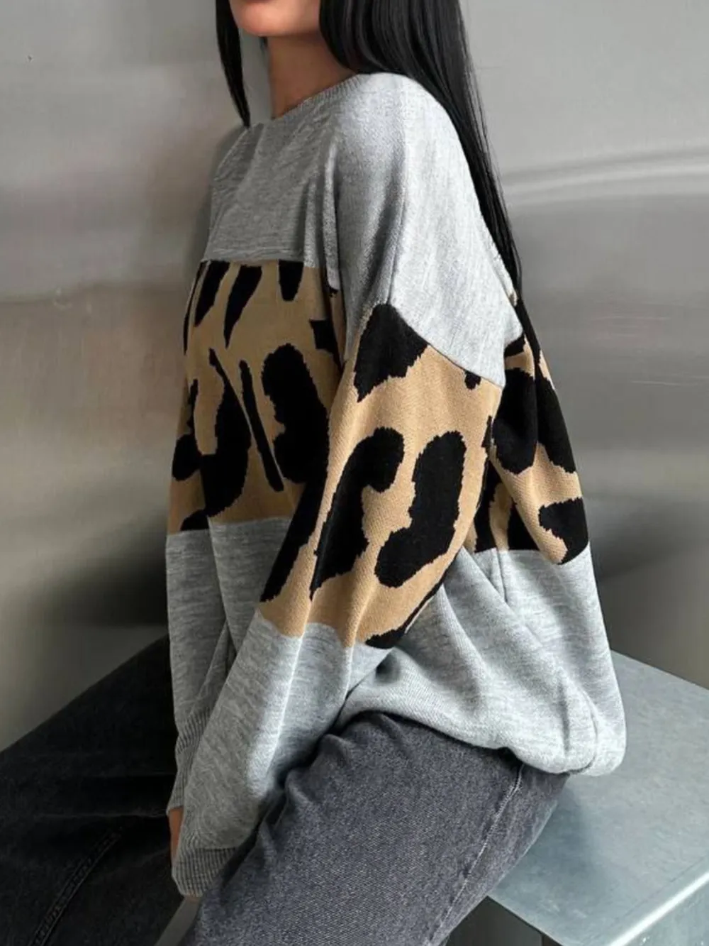 Leopard Color Block Round Neck Sweater, image 16