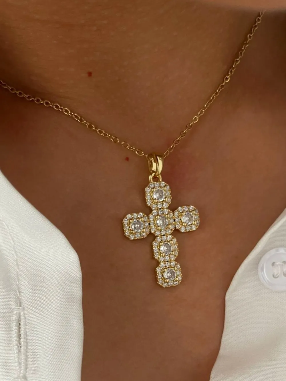 Stainless Steel Inlaid Zircon Cross Necklace, image 2