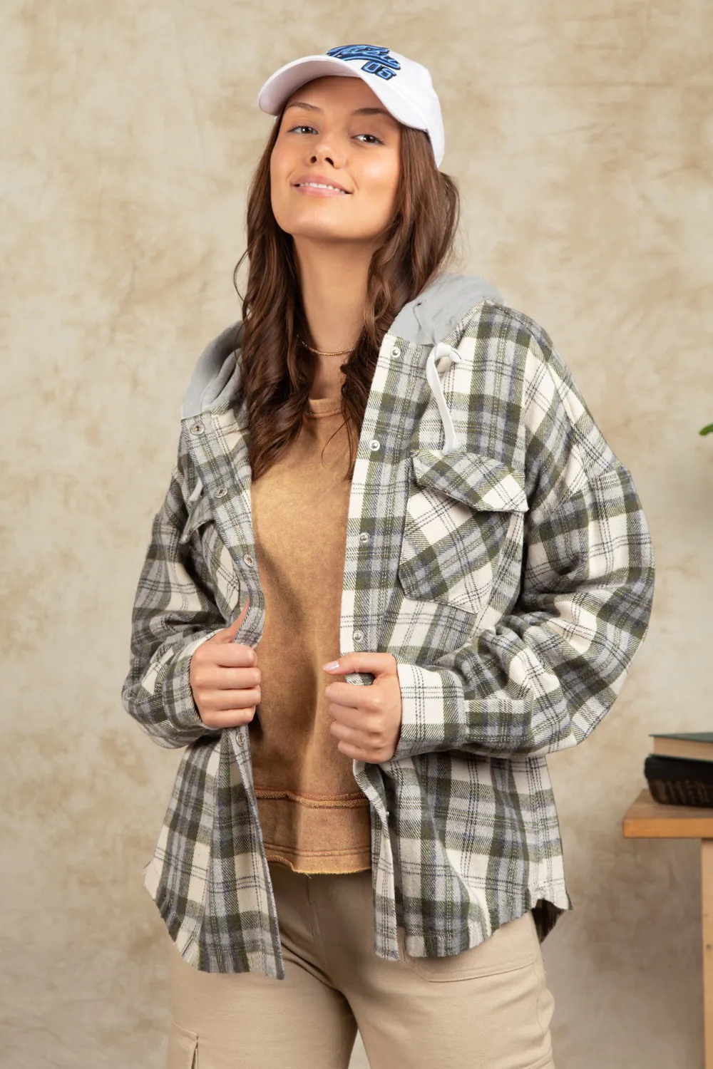 Drawstring Plaid Long Sleeve Hooded Jacket, image 8