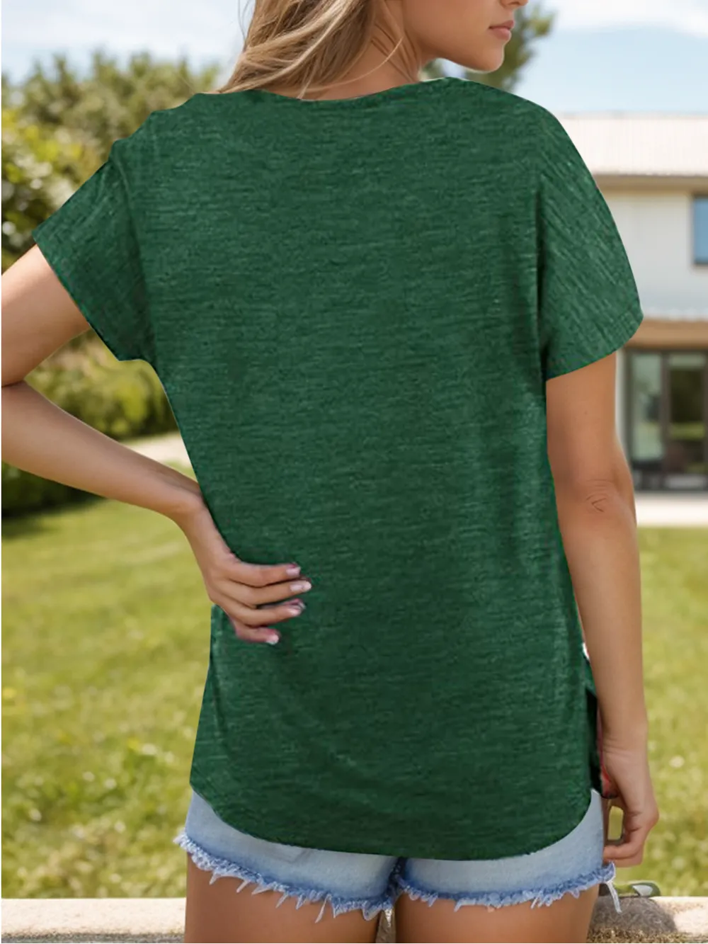 Pocketed Heathered V-Neck Short Sleeve T-Shirt, image 5
