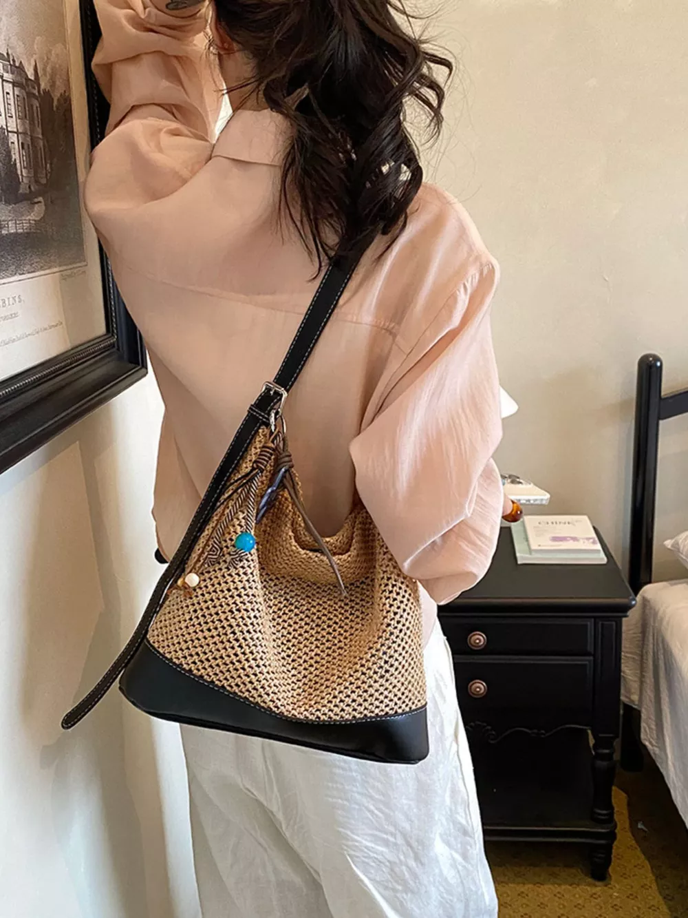 Leather Trim Woven Shoulder Bag, image 6