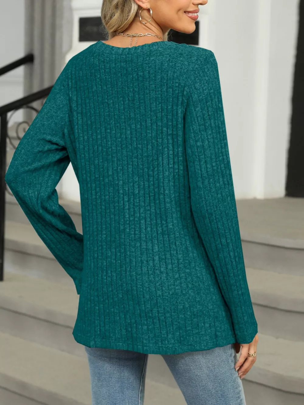 Ribbed Round Neck Long Sleeve Top, image 18