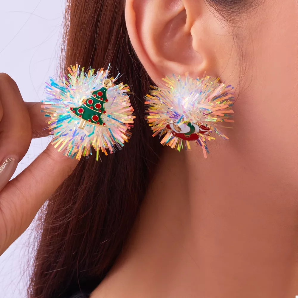 Christmas Asymmetrical Tinsel Ball Earrings, image 8