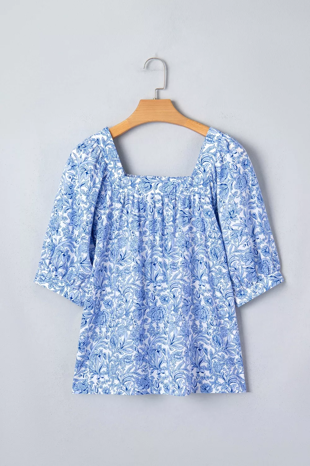 Square Neck Short Puff Sleeve Pleated Floral Blouse, image 9