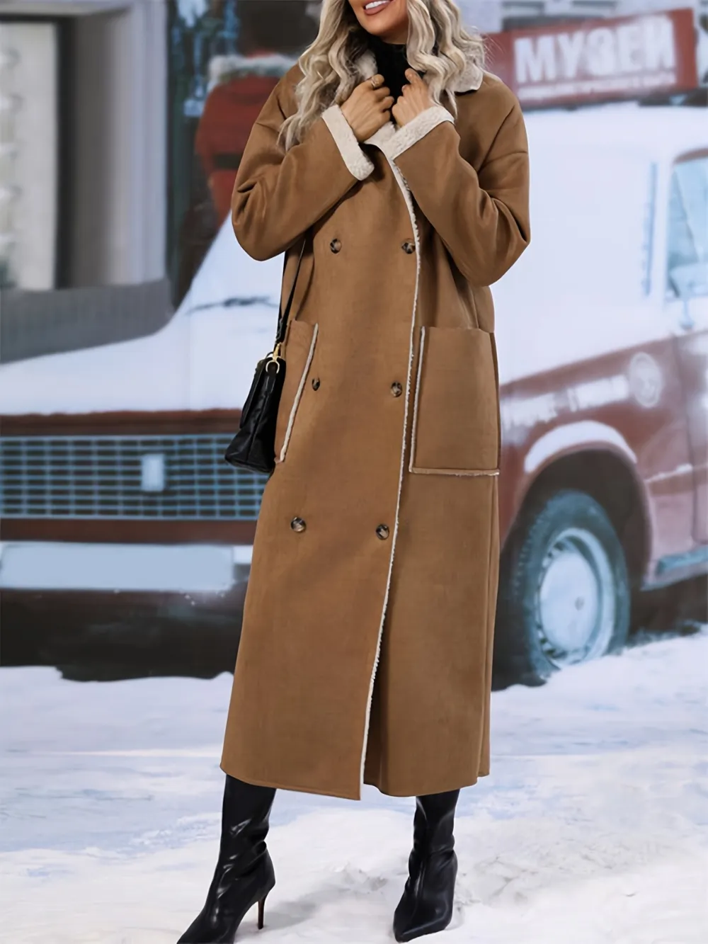 Plus Size Drop Shoulder Sherpa Longline Coat, image 3