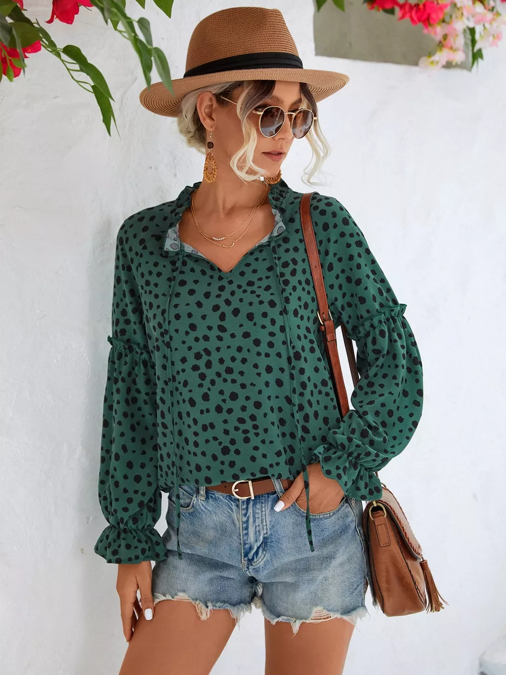 Animal Print Tie Neck Flounce Sleeve Blouse, image 3