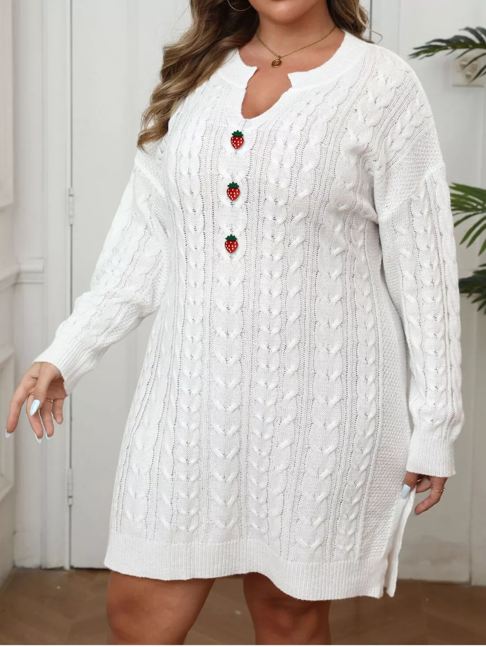 Plus Size Strawberry Cable Knit Sweater Dress, image 2