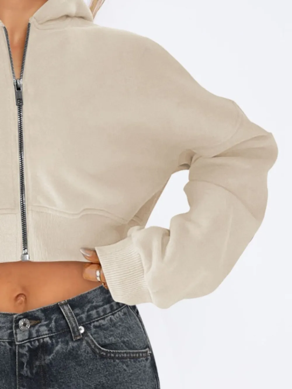 Zip Up Long Sleeve Hooded Cropped Jacket, image 15