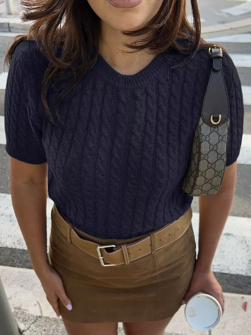 Cable-Knit Short Sleeve Sweater