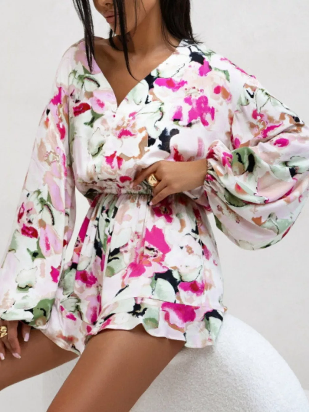 Floral V-Neck Long Sleeve Romper with Elastic Waist, image 4