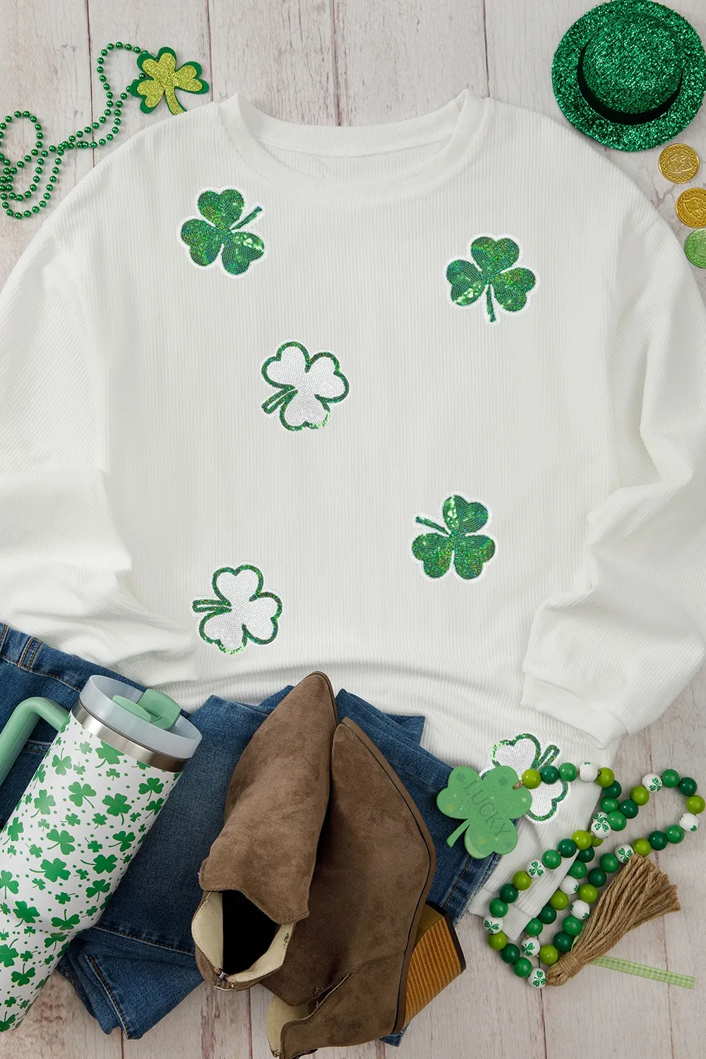 Sequin Lucky Clover Round Neck Long Sleeve Sweatshirt, image 2